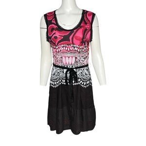 Desigual Atypical Chula Life Sleeveless Dress A-Line Pink Black Red Size Large